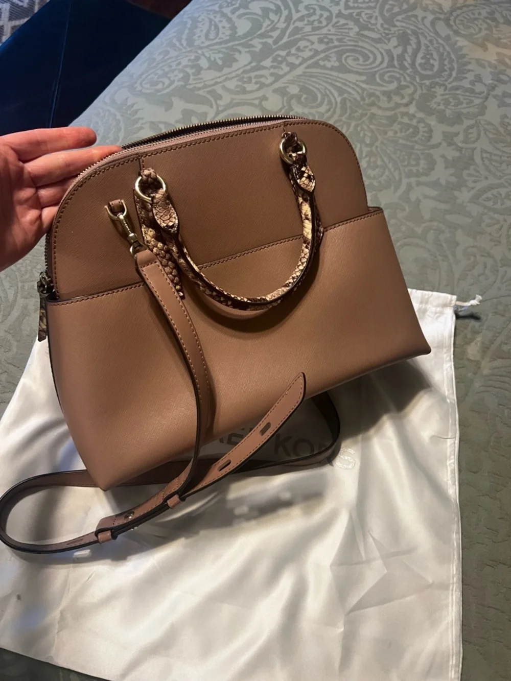 Michael Kors Saffiano Dome Satchel in Taupe with Snake-Trim - Picture 2 of 5